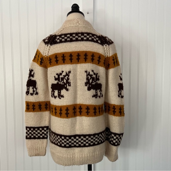 Vintage Cardigan Sweater Moose Stripes Checkerboard Mustard Handmade Cowichan - Picture 9 of 15